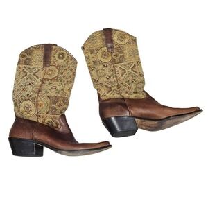 Matisse Pull on Cowgirl Cowboy Brown Leather & Fabric Tapestry Boots Rustic‎ 8.5